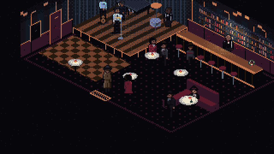Detective Frank Calder inside the Blue Comet jazz club, drawn in isometric pixel art