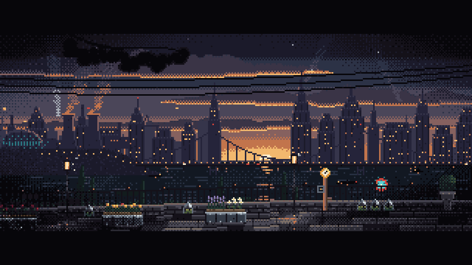A rooftop garden in front of a city skyline at dusk, in pixel art