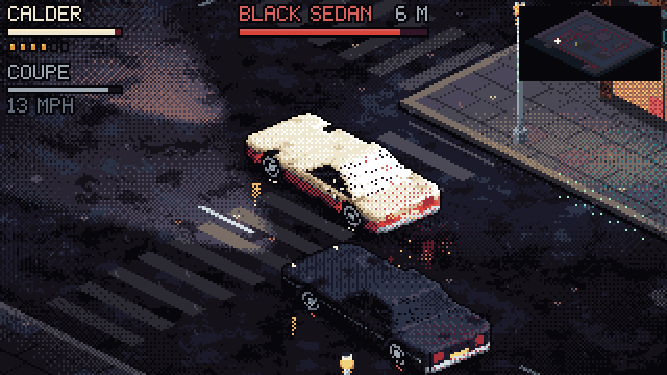 A cream coupe chasing a black sedan through a rainy isometric city at night